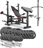 Banco de pesas Hop - Sport, juego de mancuernas de 106 kg y banco de pesas multifuncional HS - 1075, almohadilla para curl de bíceps, ejercitador mariposa, polea alta y juego de discos de hierro fundido. - Tactic Bikes
