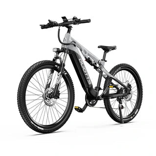 Bicicleta de montaña eléctrica Duotts E29 - Motor Bafang de 250 W, batería de 48 V y 13,5 Ah, suspensión total, neumáticos de 27,5 pulgadas, frenos hidráulicos, color blanco plateado - Tactic Bikes