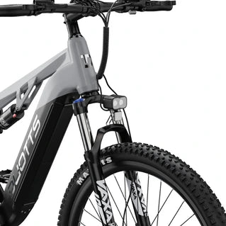 Bicicleta de montaña eléctrica Duotts E29 - Motor Bafang de 250 W, batería de 48 V y 13,5 Ah, suspensión total, neumáticos de 27,5 pulgadas, frenos hidráulicos, color blanco plateado - Tactic Bikes