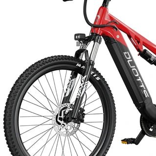 Bicicleta de montaña eléctrica Duotts E29 - Motor Bafang de 250 W, batería de 48 V y 13,5 Ah, suspensión total, neumáticos de 27,5 pulgadas, frenos hidráulicos, color rojo y negro - Tactic Bikes